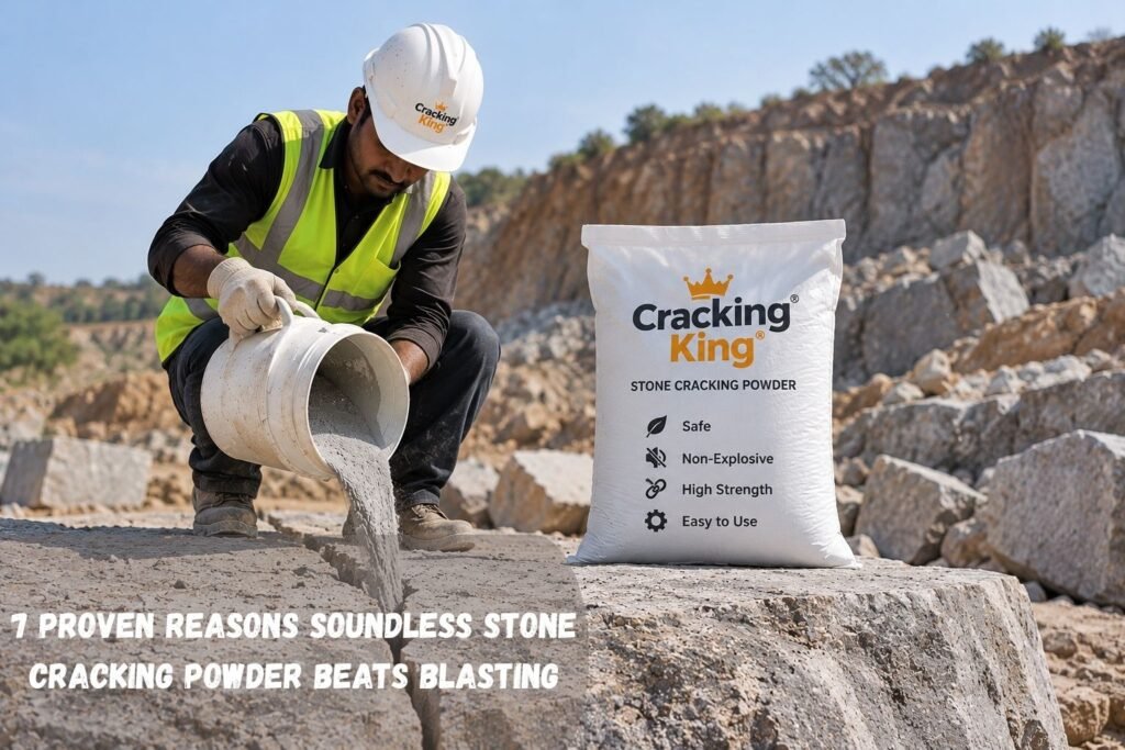 Worker pouring Soundless Stone Cracking Powder slurry into a rock crack beside a Cracking King bag at a quarry