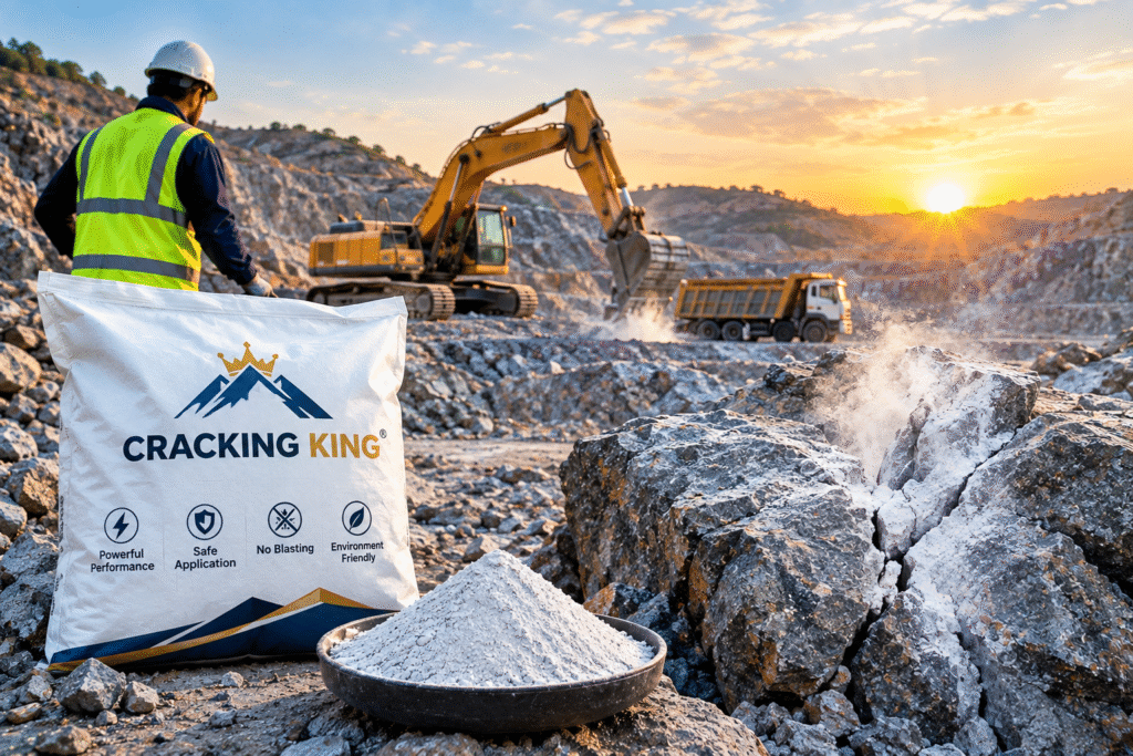 Best Stone Cracking Powder bag by Cracking King at a mining quarry with cracked rock