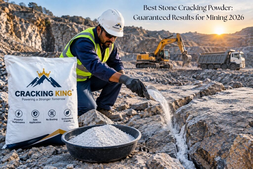 Worker pouring Best Stone Cracking Powder into drilled rock at mining site