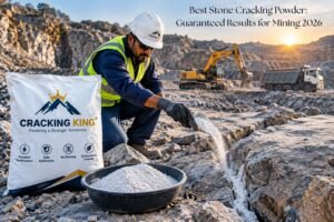 Worker pouring Best Stone Cracking Powder into drilled rock at mining site
