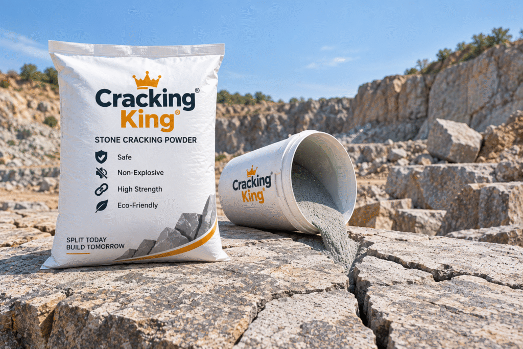 Cracking King Soundless Stone Cracking Powder bag with granite quarry stone cracking in background