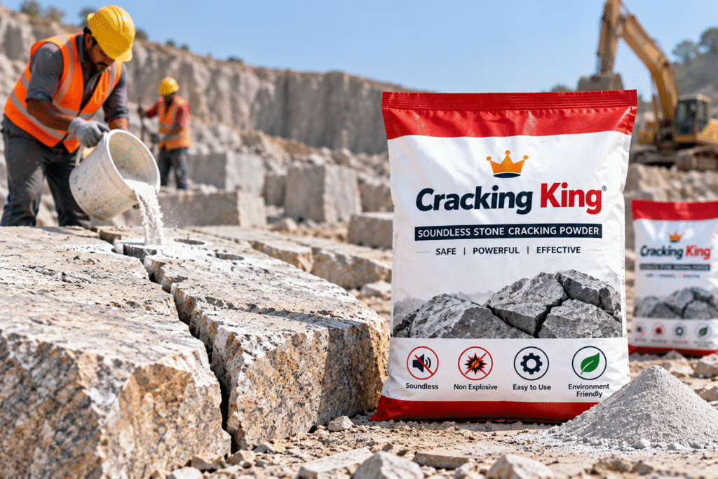 Workers pouring Cracking King Soundless Stone Cracking Powder slurry into drilled holes on granite rock at a quarry