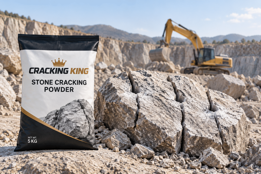 Cracking King stone cracking powder 5kg bag placed next to cracked granite blocks at a quarry site