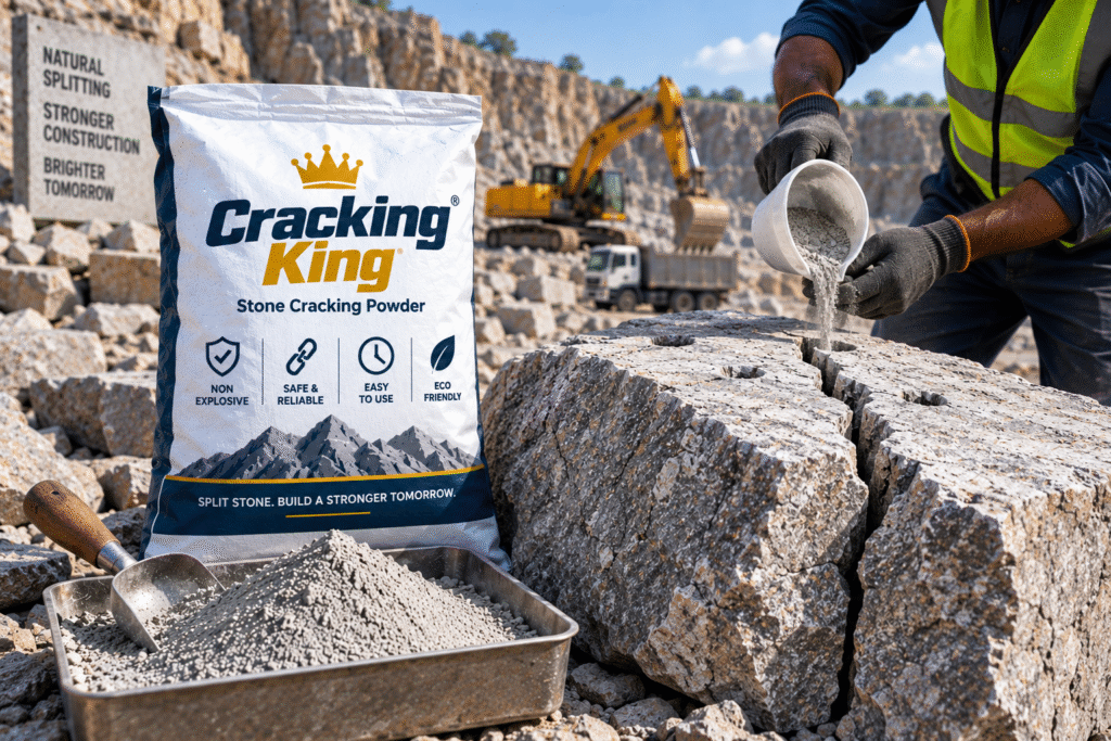 Stone Cracking Powder in India being poured into drilled granite blocks at a quarry site