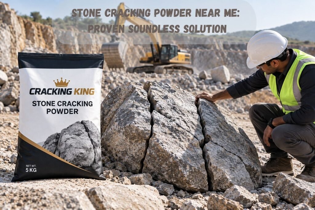 Cracking King stone cracking powder 5kg bag with worker inspecting cracked granite rock at a quarry site