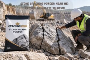 Cracking King stone cracking powder 5kg bag with worker inspecting cracked granite rock at a quarry site