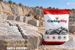 Cracking King Soundless Stone Cracking Powder bag beside a cracked granite block at a quarry with excavator